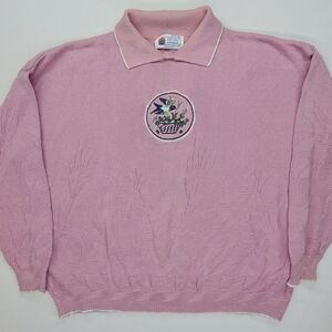 Vintage Pink Bird Patterned Knit Collared Sweater XL Cottagecore Granny Chic